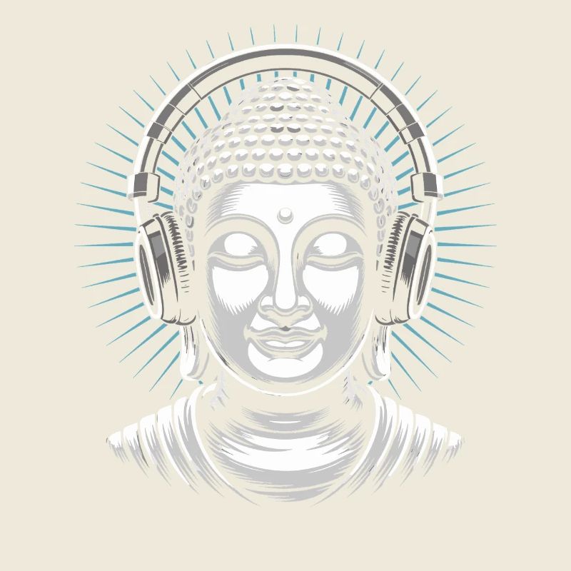 Buddha mit Kopfhörern Achtsamkeit Musik Boho Zen
