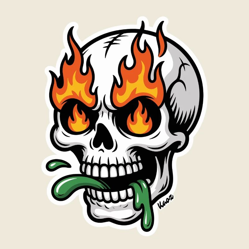 Crâne de flammes avec de la bave verte dans la bouche