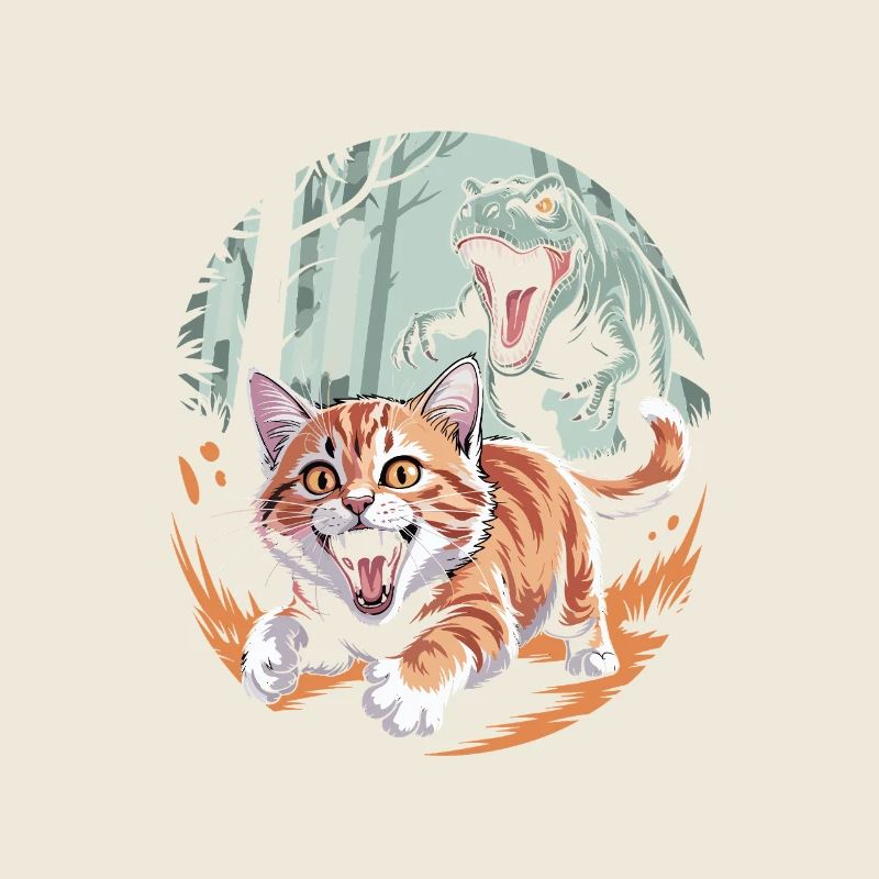Cat runs away from dinosaur