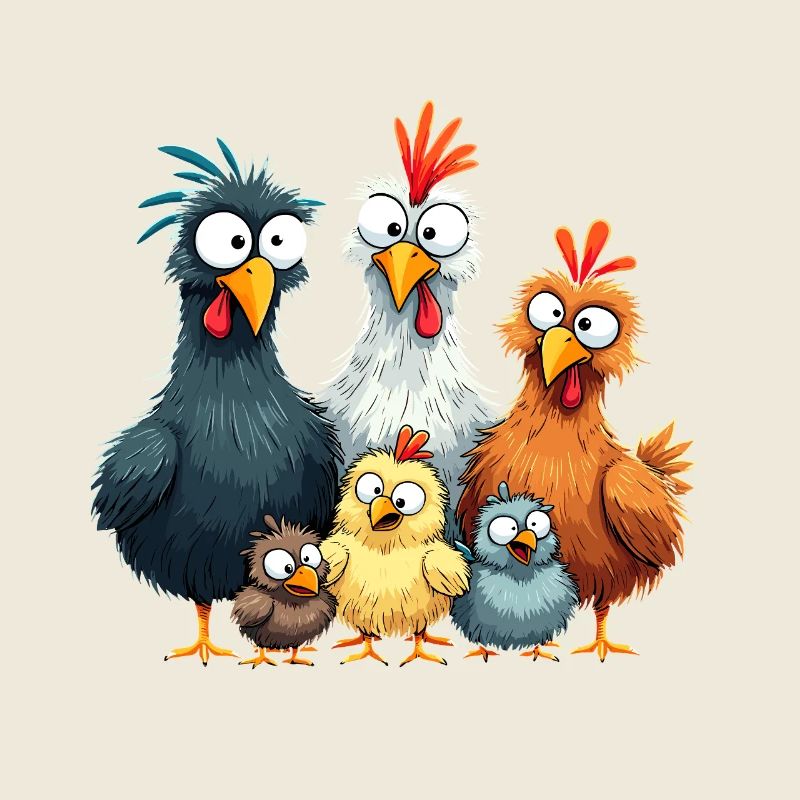 Conception de comédie de groupe de poulets colorés