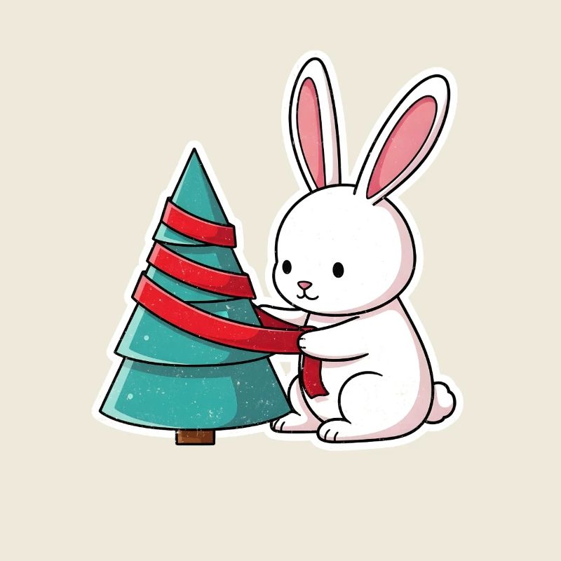 Rabbit ties tree with red ribbon