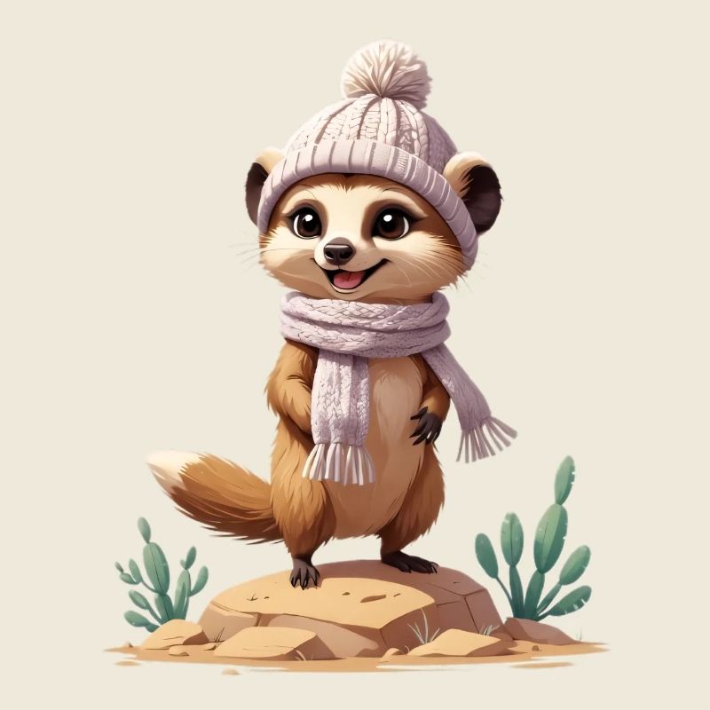 Suricate sur roche avec écharpe et chapeau