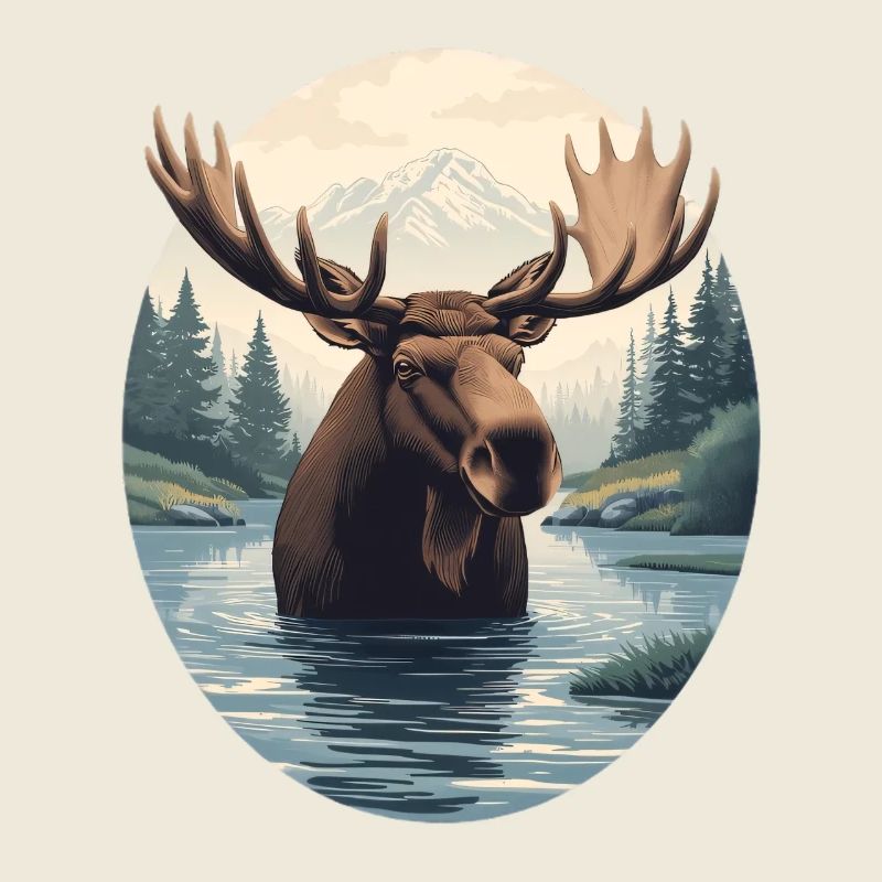 Moose Illustration in Mountain River Landscape
