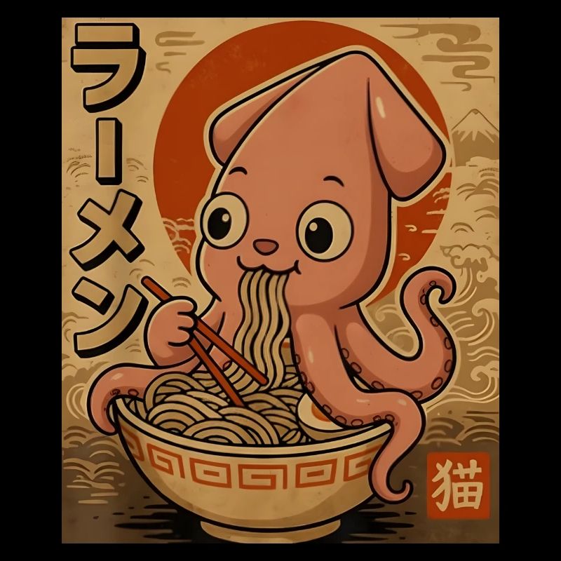 Ramen Octopus Cartoon in Sepia