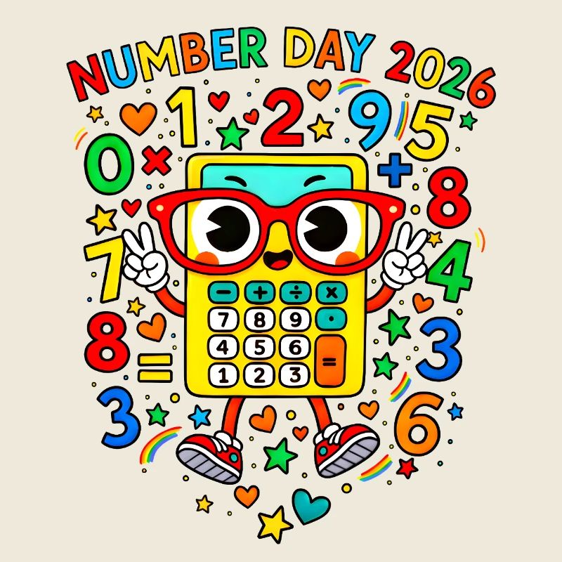 Nummer-Tag 2026 Cheerful Calculator Maskottchen