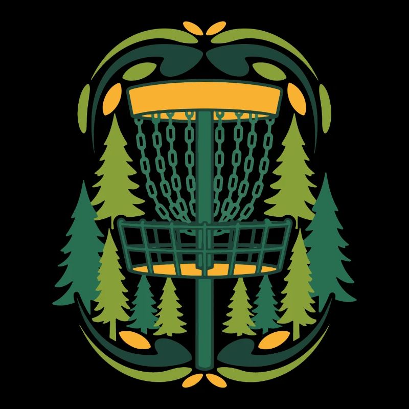 Scène du disque volant du panier de Disc Golf dans la forêt