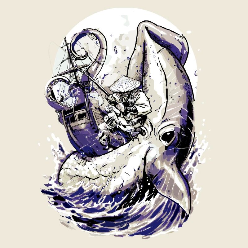 Combat contre le kraken du pêcheur japonais – Ukiyo-e Squid