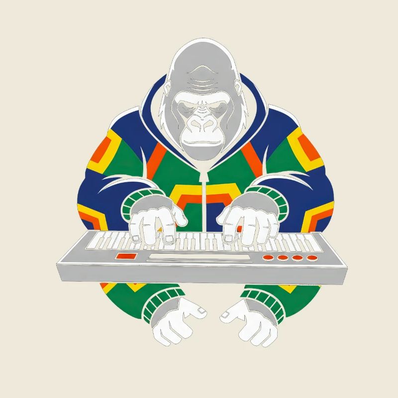 Gorilla at the keyboard in neon outfit