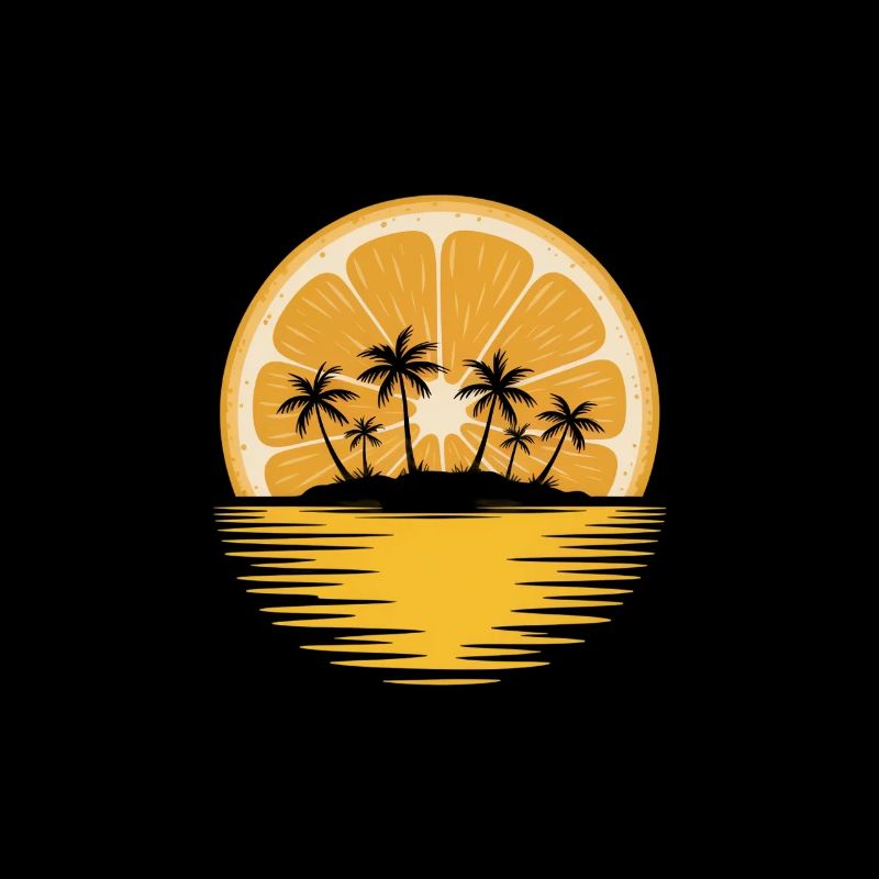 Coucher de soleil orange avec île aux palmiers