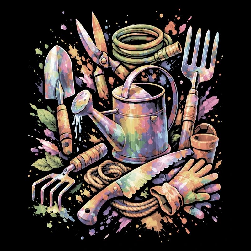 Watercolor Gardening Tools Multicolor Splash Art