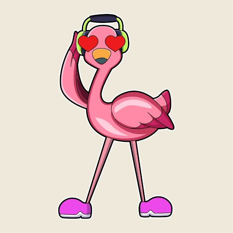 Flamingo mit Kopfhörer & Herzen