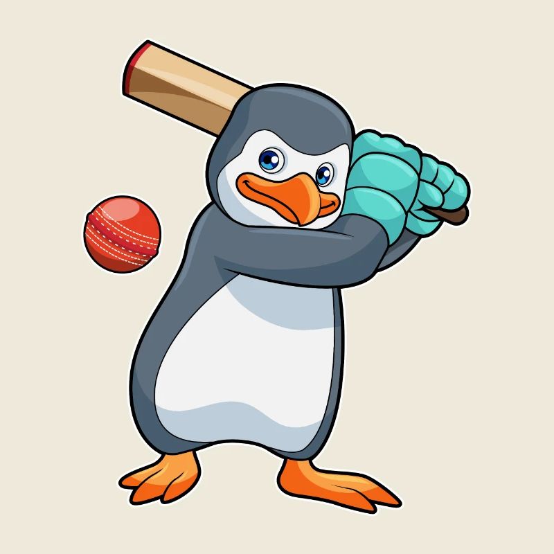 Pinguin beim Cricket mit Cricketschläger