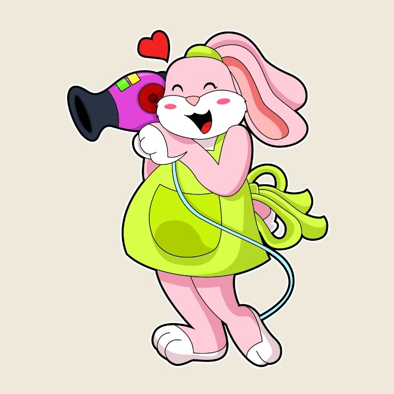 Lapin comme coiffeur avec sèche-cheveux