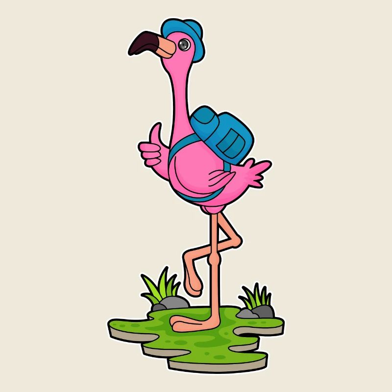 Flamingo als Wanderer mit Rucksack