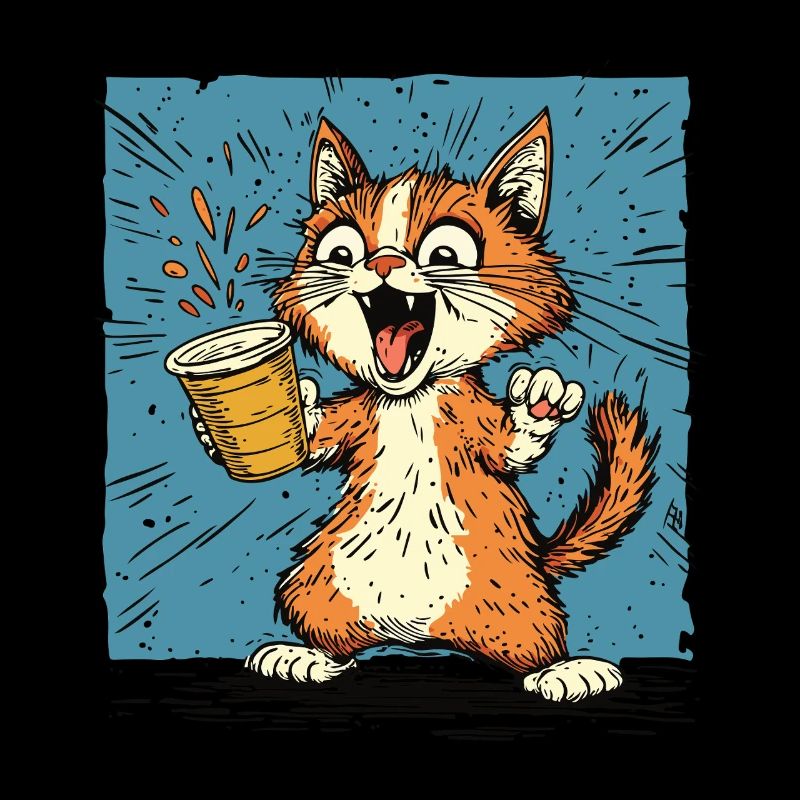 Aufgeregte Katze mit Kaffee im Comic-Stil