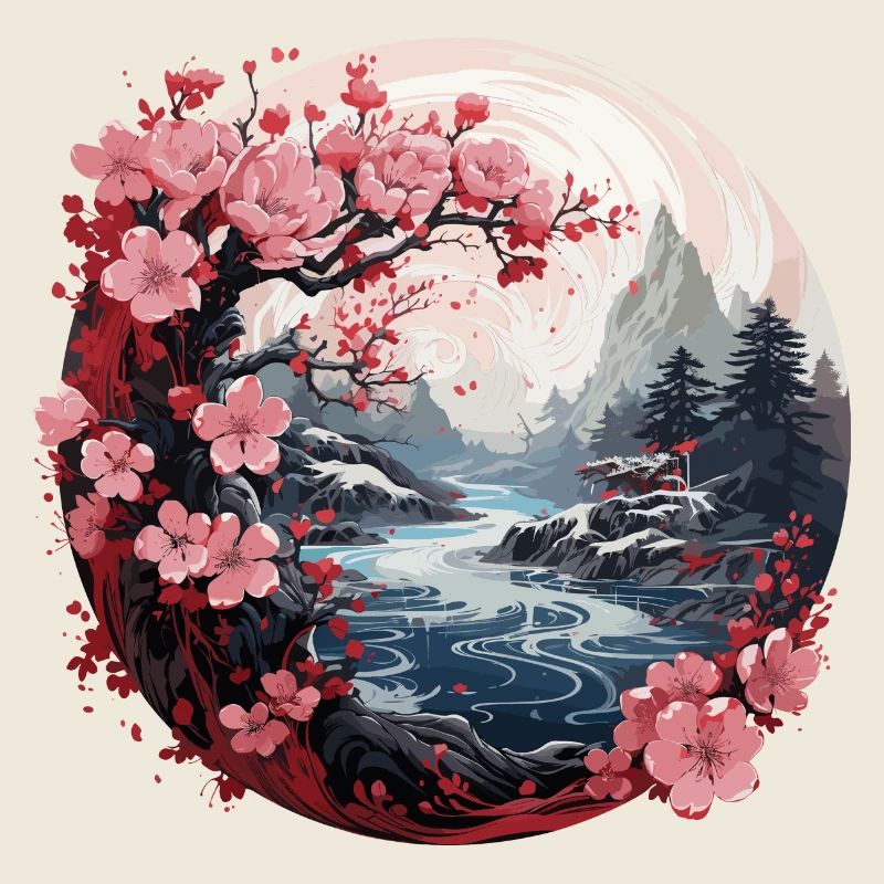 Kirschblüte Japanisch Berg Flusslandschaft