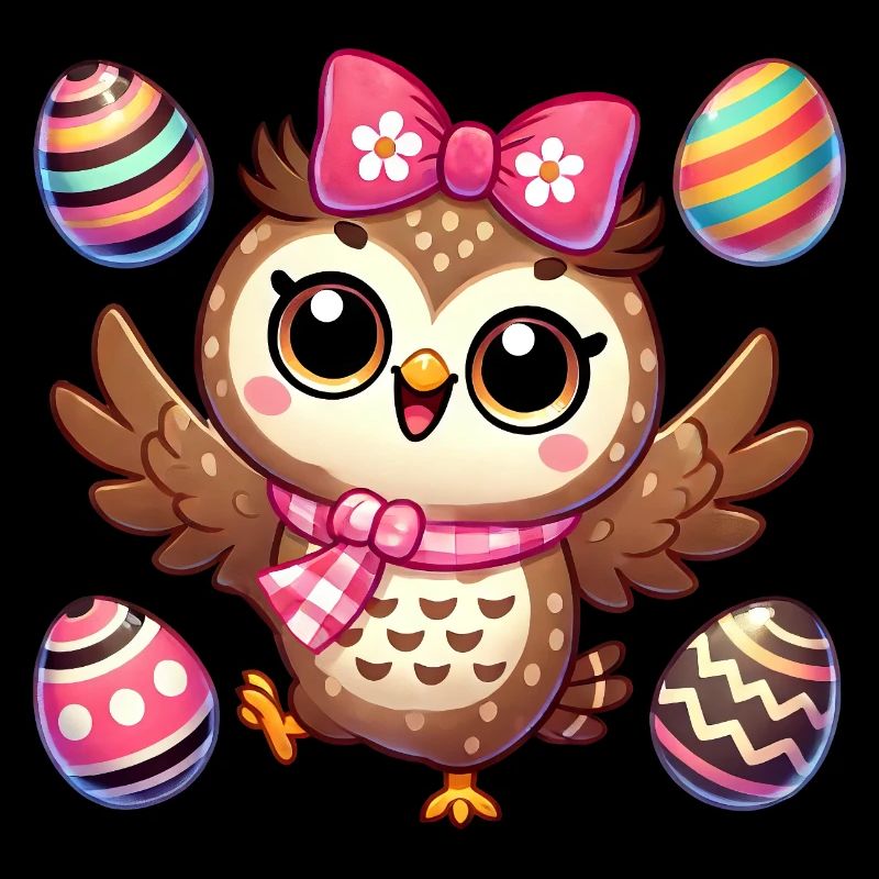 Owl juggles Easter eggs colorful fun