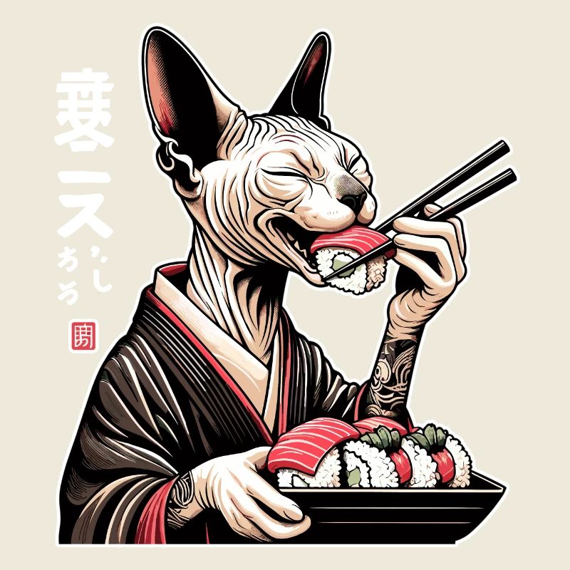 Un chat Sphynx heureux en kimono sushi