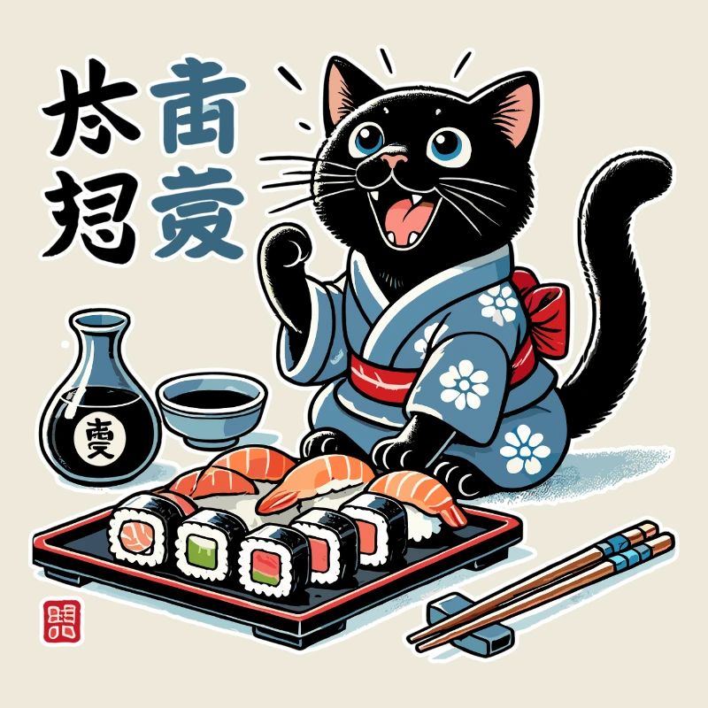 Sushi Black Cat Kimono Maki Nigiri Gift