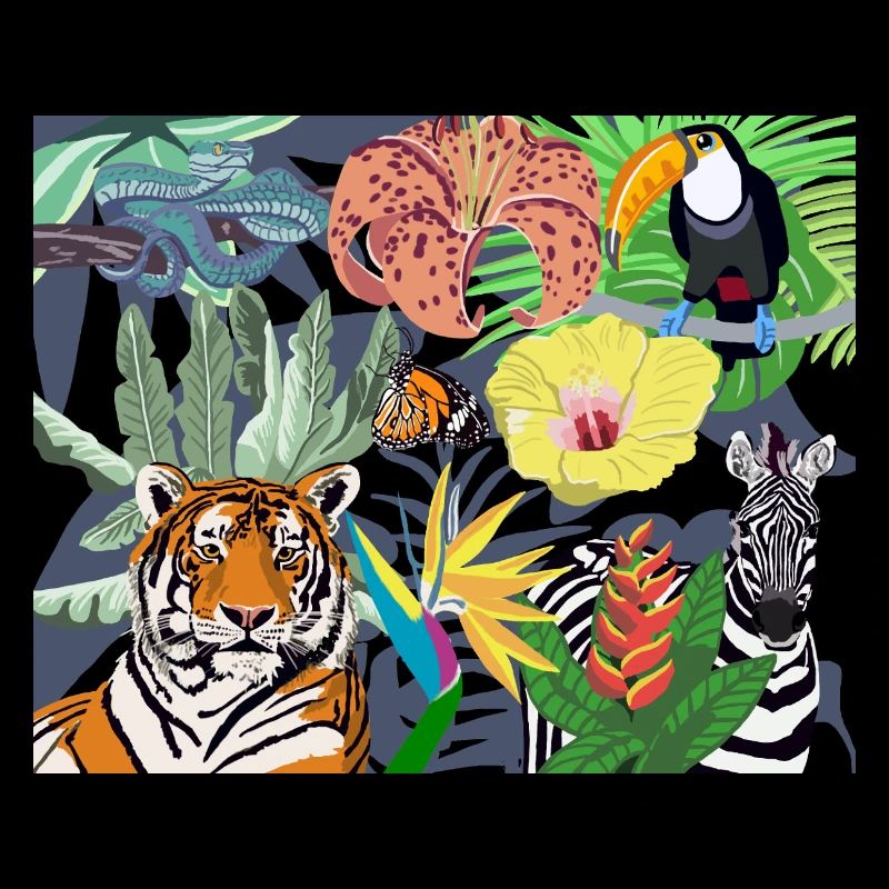 Dschungelbild Tiger Tukan und Zebra