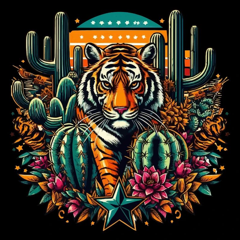 TIGER IN EINER BUNTEN WÜSTE MIT KAKTEEN UND STERNEN