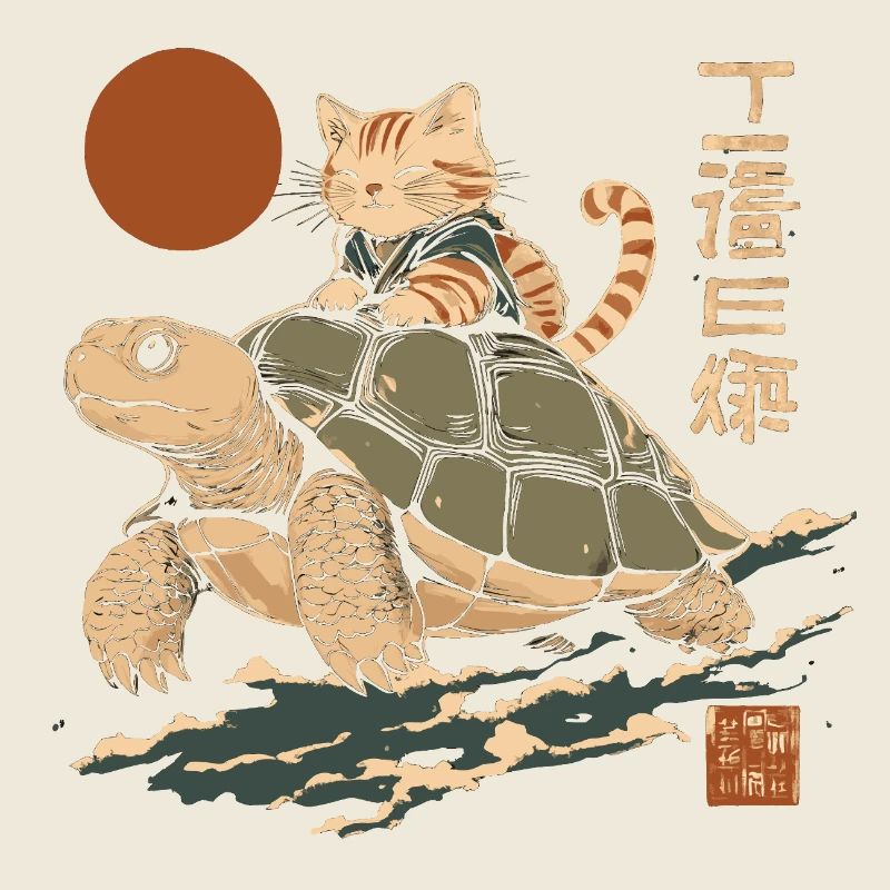 Cat Riding Turtle Japan Style
