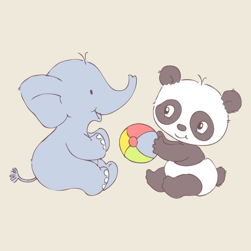Elephant and Panda playing with ball