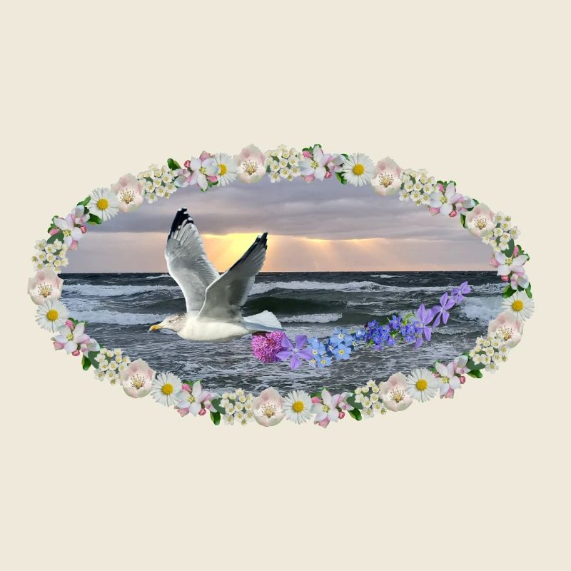 Mer fleurs art mouette coucher de soleil kitsch