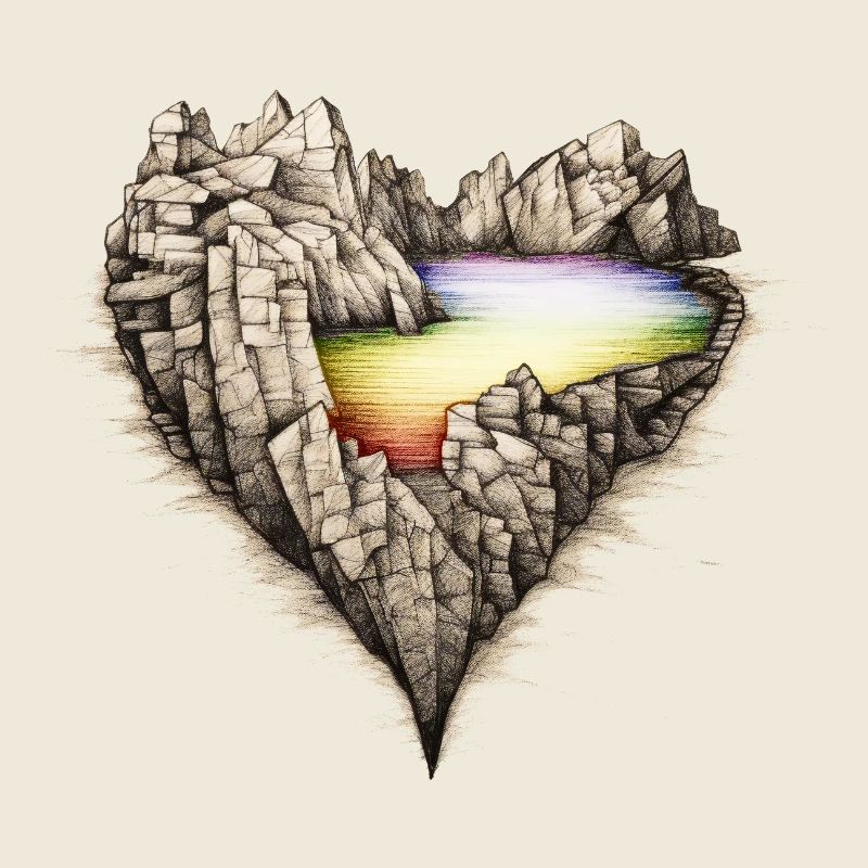 Lac arc-en-ciel dans les rochers. En forme de cœur.
