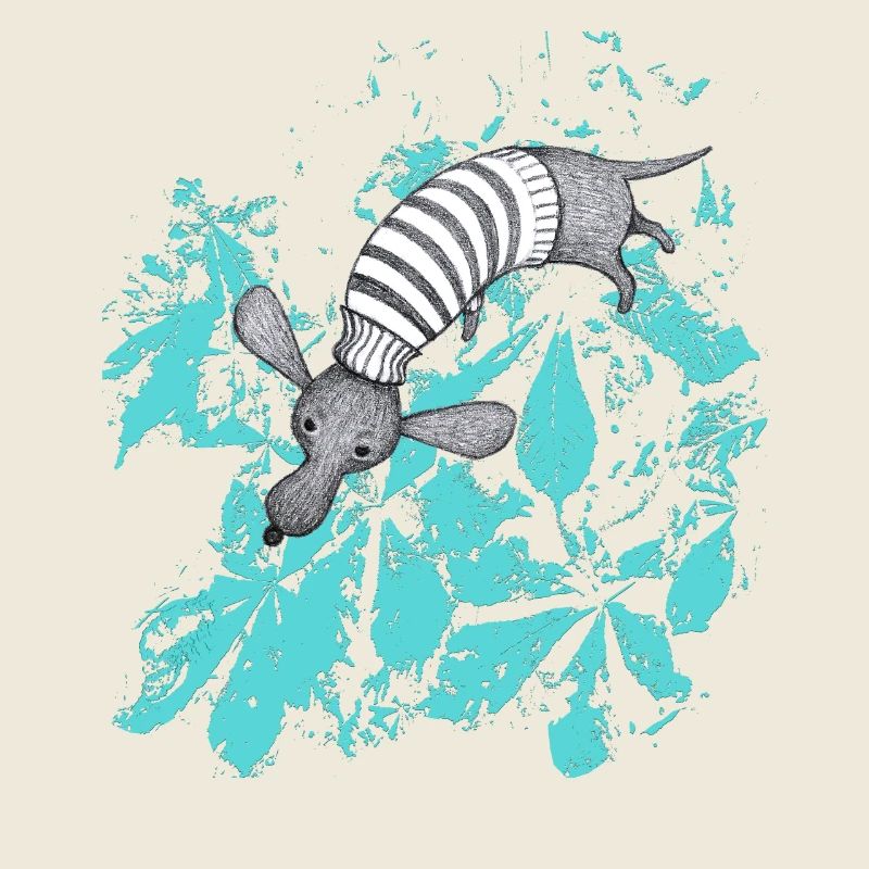 Dackel mit türkisen Blättern