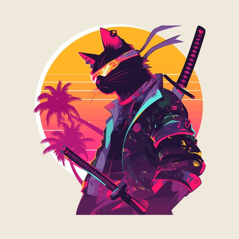 Cat Samurai 80's Vintage Style