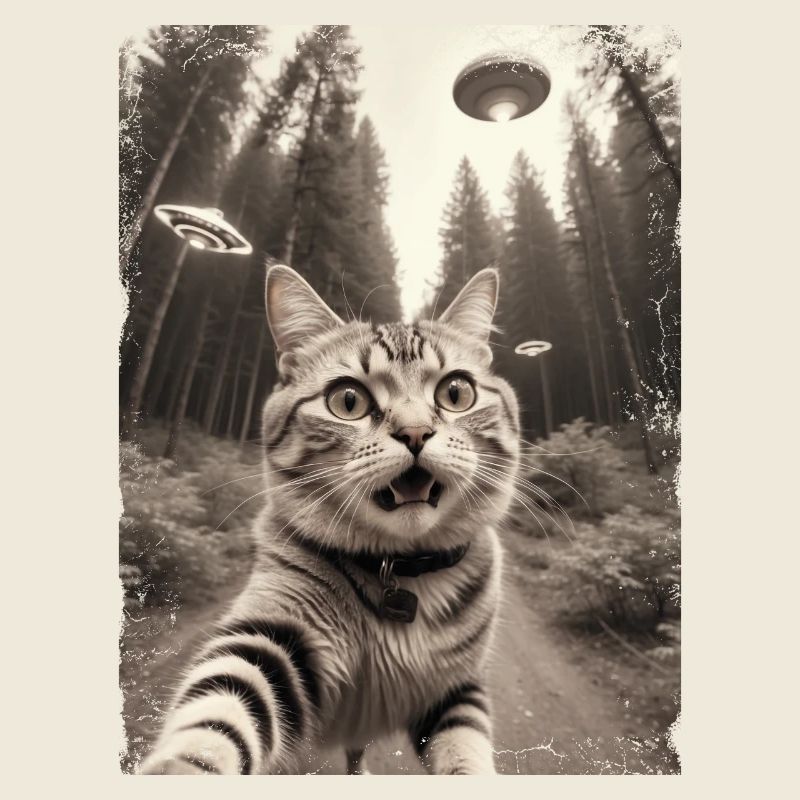 Selfie de chats avec la conception d’un vaisseau spatial extraterrestre