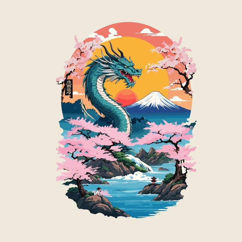 Cherry Blossoms Ukiyo-E Art Dragon Anime