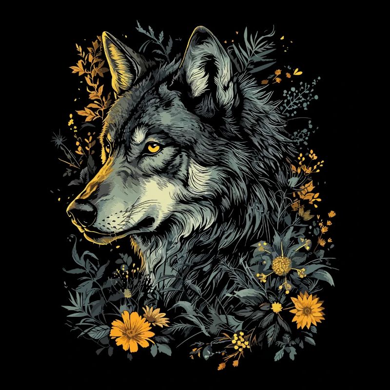 Wolf Wolf Head Flowers Plants Nature Wilderness Art