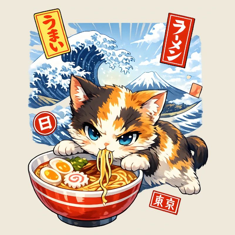 Japan Cat Ramen Noodle Retro Wave Motif