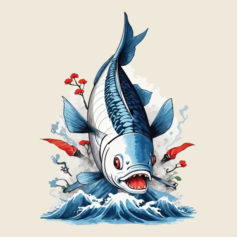 Ukiyo-E pêcheur à la ligne et poisson Japon Illustration