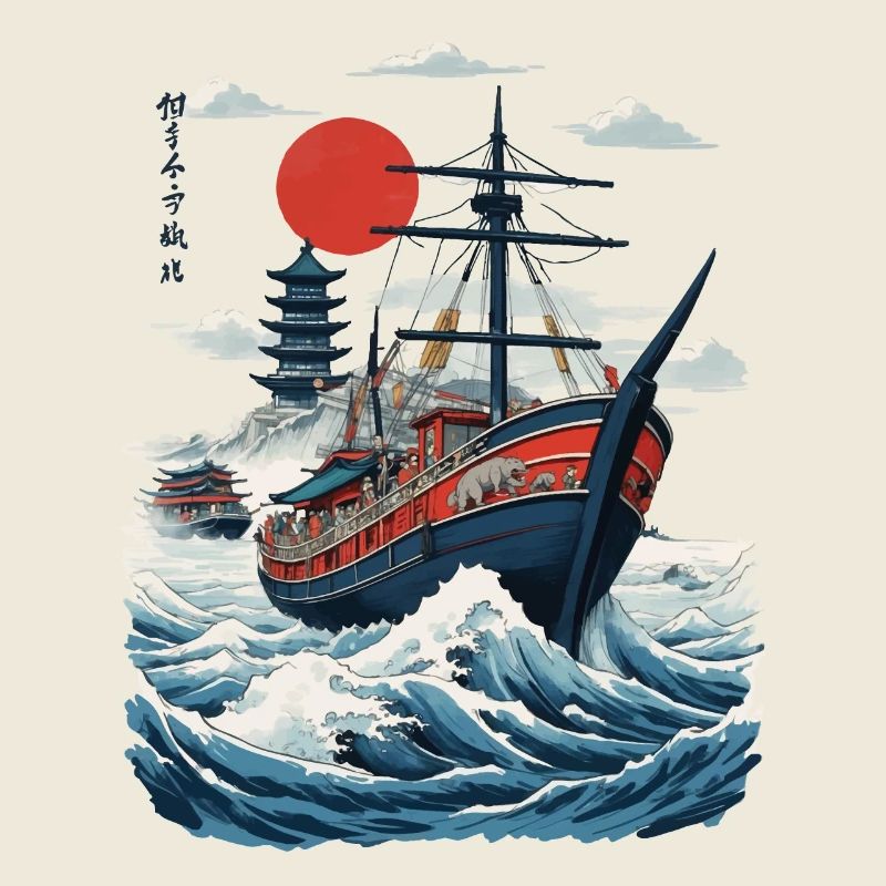 Japan Retro Ukiyo-E Aesthetic Captain Sailboat