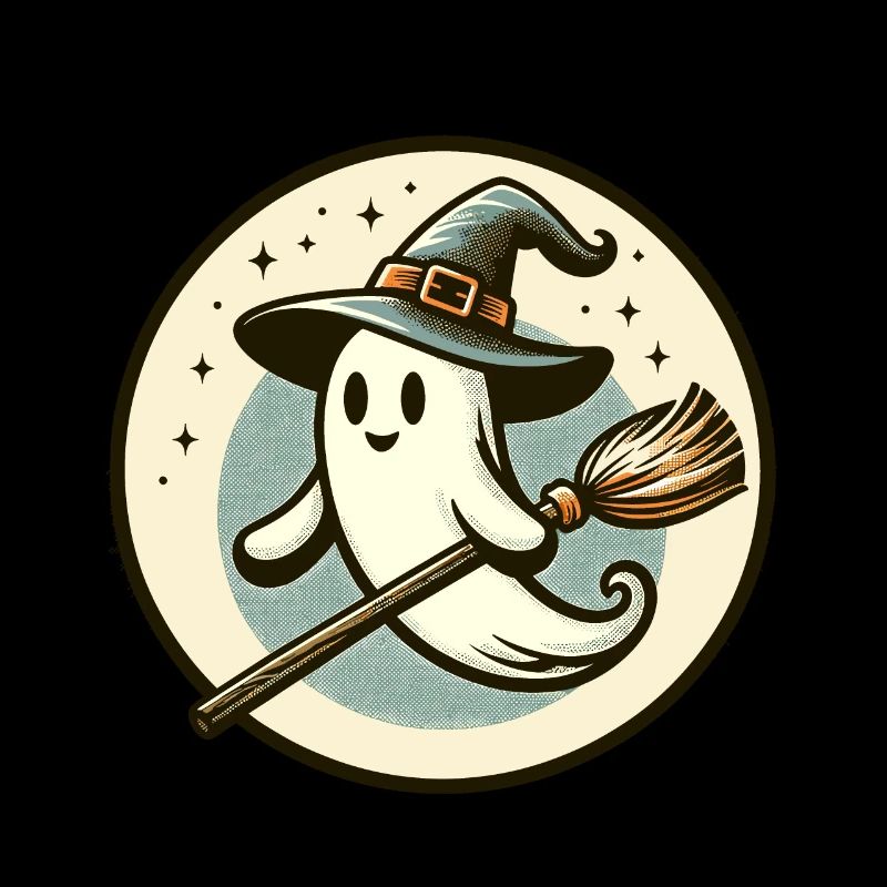 Funny Witch Spirit Witch Broom Vintage Art Style