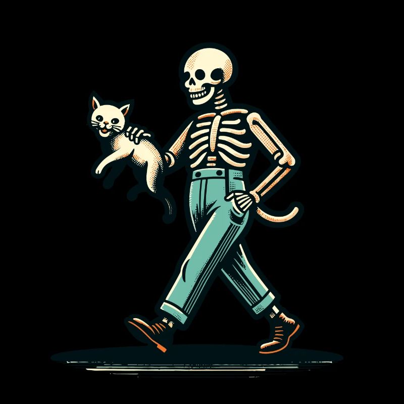 Dessin animé rétro drôle squelette chat propriétaire
