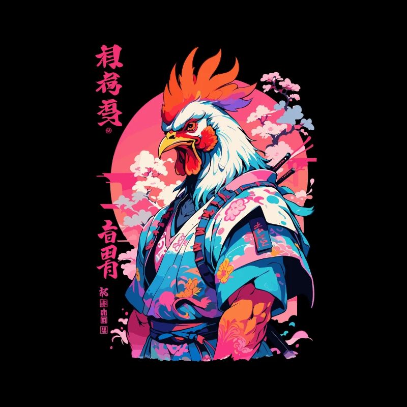 Coq Yokai Vaporwave Esthétique Samouraï Art