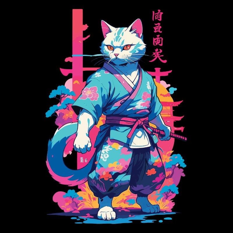 Chat samouraï Vaporwave Esthétique Japon Art