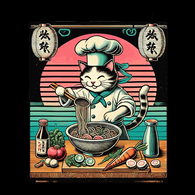Ramen Noodles Cats Chef Kawaii Retro Japan