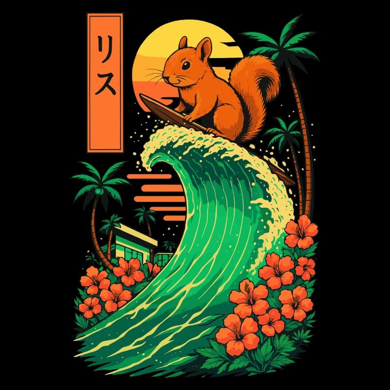 Squirrel Rodent Animal Japanese Surfing Flower