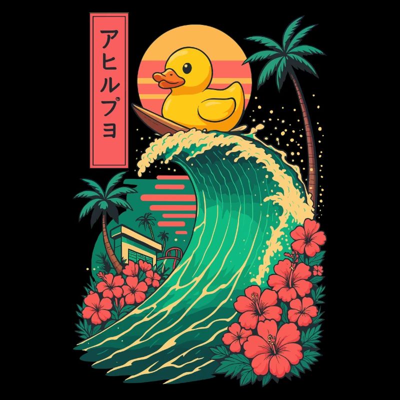 Canard en caoutchouc Animal Japonais Surf Fleur Coucher de soleil