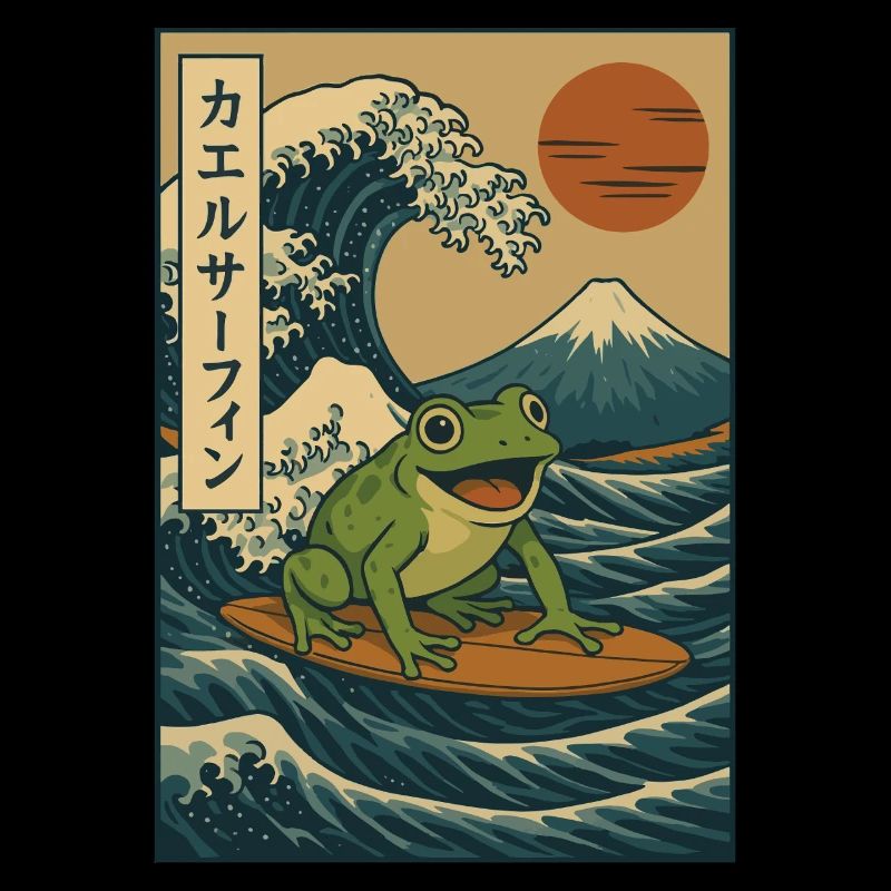 Surfing Frog Japanese Wave Art Mount Fuji Red Sun