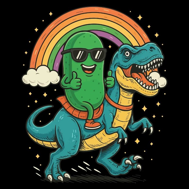 Coole Gurke Reiten Dinosaurier Cartoon Regenbogen