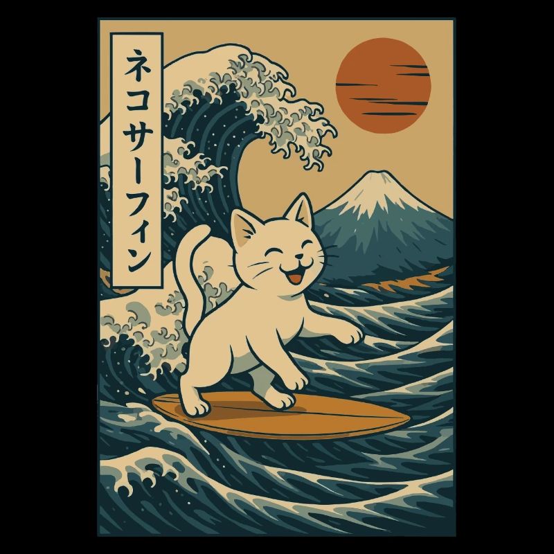 White Cat Surfing Wave Japanese Art Mount Fuji