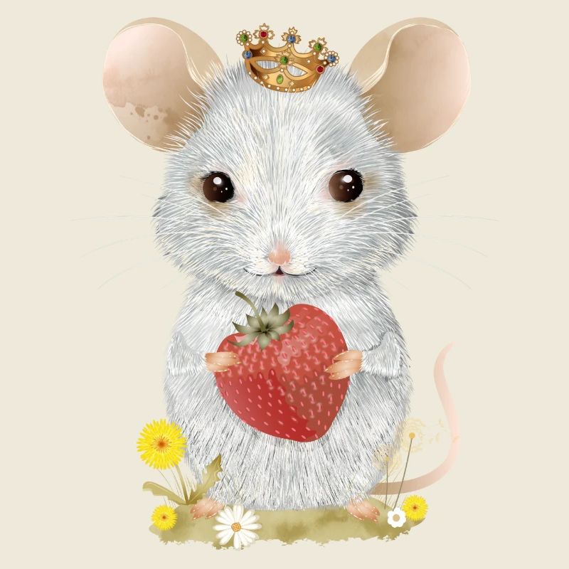 weiße Maus mit Krone,Erdbeere und Löwenzahn Blüten