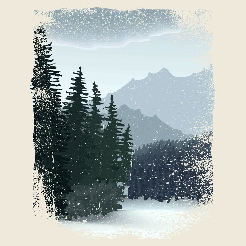 finsterer Wald und Berge mit ausgefranstem Rand