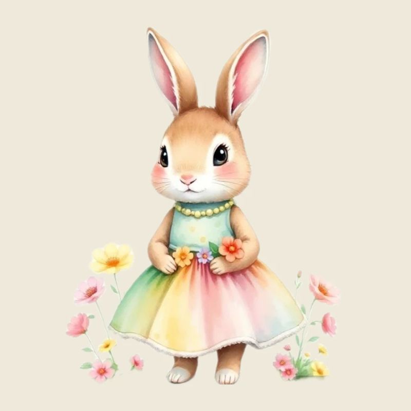 Lapin pastel en robe arc-en-ciel